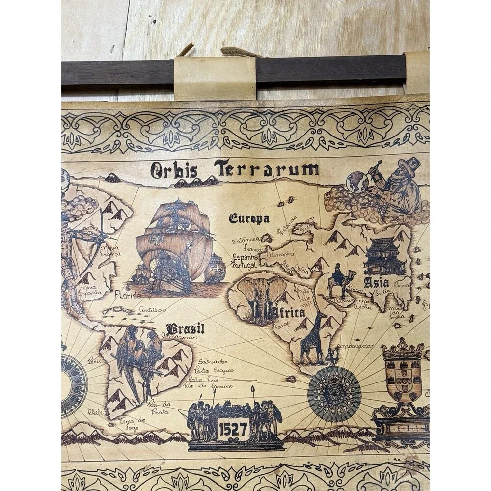 Vintage Leather World Map Wall Hanging decor Orbis Terrarum 1527 Pyrography 29.5